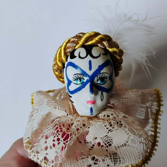 Vintage Porcelain Pierrot Head Ornament, Harlequin Clown Doll Pin Cushion, Lace - Picture 9 of 12